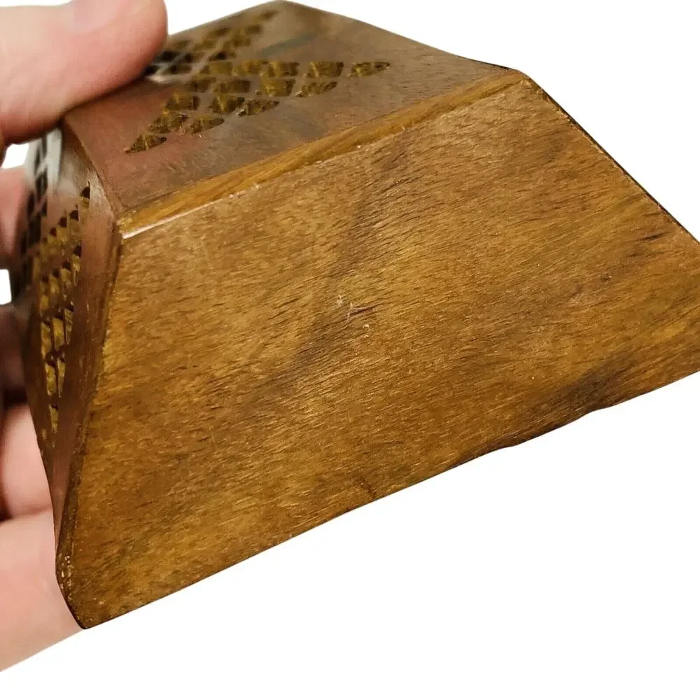 Carved Teak Wood Match Box Incense Wall Pocket Pierced Pattern Brass Studs Inlay